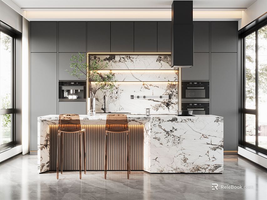 Modern Dark Kitchen Interior With Marble Island And Gold Bar Stools 3d model 