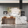 Modern Dark Kitchen Interior With Marble Island And Gold Bar Stools