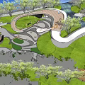 Fun Children's Playground With Curved Slide Hammocks Benches And Green Lawn Under Trees
