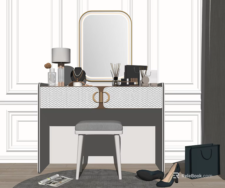 Elegant Modern Dressing Table Setup With Gold Mirror Vanity Stool And Cosmetics 3d model
