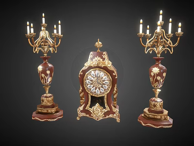 Vintage Candelabra Lamps with Gold Accents and Floral Patterns and Antique Clock in Classic Setting 3d model