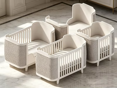 White Woven Baby Cribs With Modern Minimalist Design On Marble Floor 3d model