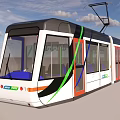 Modern Electric Tram With Colorful Green Orange Stripes And Large Passenger Windows