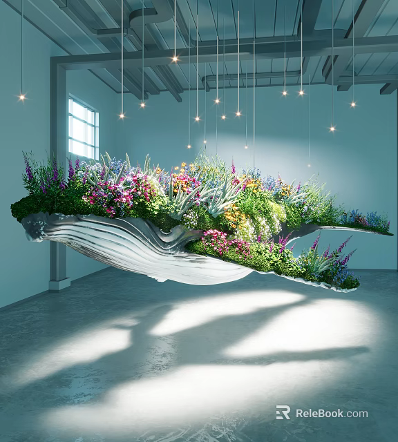 Suspended Wave Shaped Garden Art Installation With Colorful Flowers And Hanging Lights In Modern Interior 3d model 