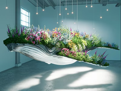 Suspended Wave Shaped Garden Art Installation With Colorful Flowers And Hanging Lights In Modern Interior 3d model