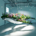 Suspended Wave Shaped Garden Art Installation With Colorful Flowers And Hanging Lights In Modern Interior