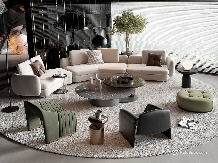 Modern Living Room Interior With Beige Sofa Coffee Table Set Green Plant And Light Rug 3d model 