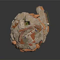 Rock Cave Hut Structure With Layered Stone Roof Green Area And Orange Base