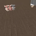 Warm Wooden Floor with Stuffed Pig Toys High Heels White Sneakers and White Cabinets