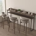 Wooden Bar Counter With Metal Legs Three Light Gray High Chairs And Plant By Window