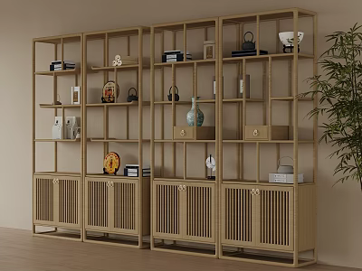Traditional Chinese Wooden Display Shelf Featuring Multi Tiered Compartments Vases And Tea Sets 3d model