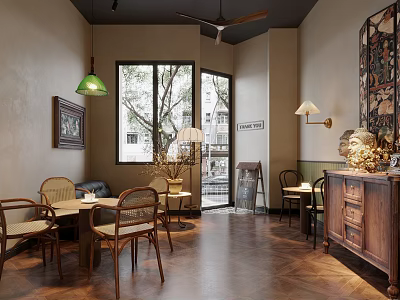 Cozy Café Interior With Wooden Tables Chairs Green Pendant Light And Tree View Window 3d model