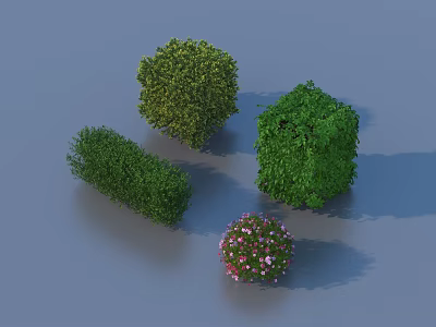 Various Shaped Plant Combinations Including Green Shrubs And Round Pink Flower Bush 3d model