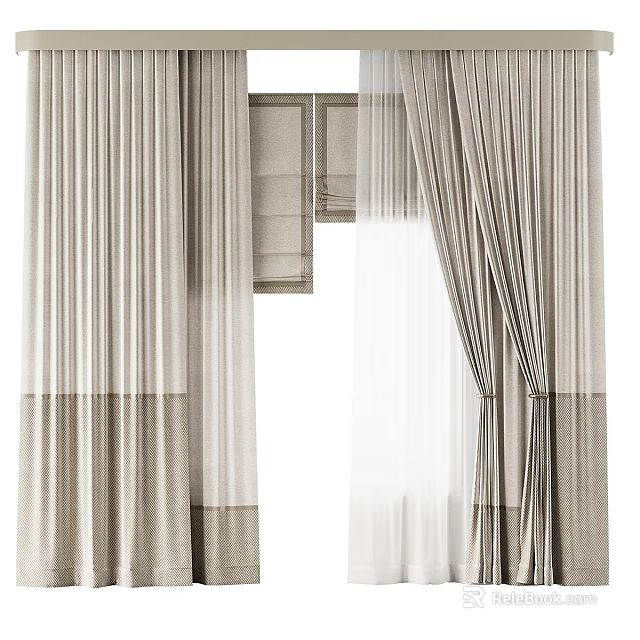Modern Interior Curtains Design In Beige Light Grey With Sheer Solid Panels 3d model 