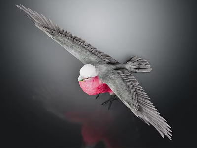 Flying Bird With Pink Chest Gray Wings And White Head Against Dark Background 3d model