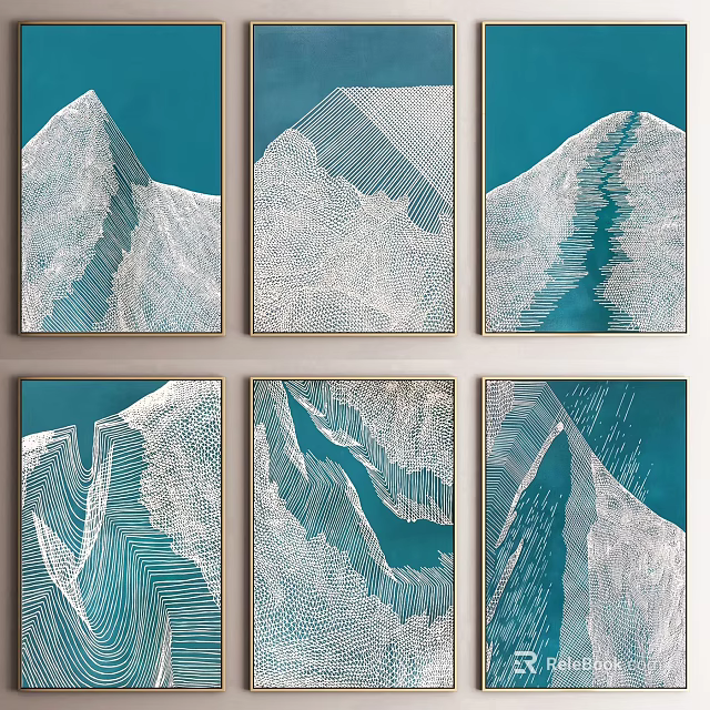 Abstract Paintings With Teal Background And White Linear Patterns Framed Wall Art Set 3d model
