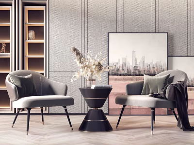 Modern Casual Sofa Set With Grey Chairs Black Coffee Table And Cityscape Painting 3d model