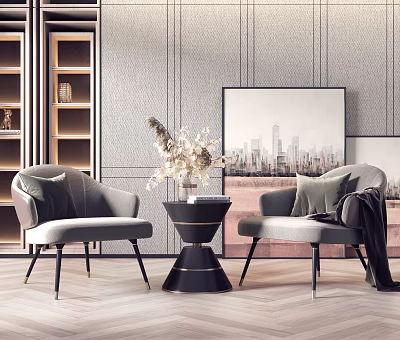 Modern Casual Sofa Set With Grey Chairs Black Coffee Table And Cityscape Painting 3d model