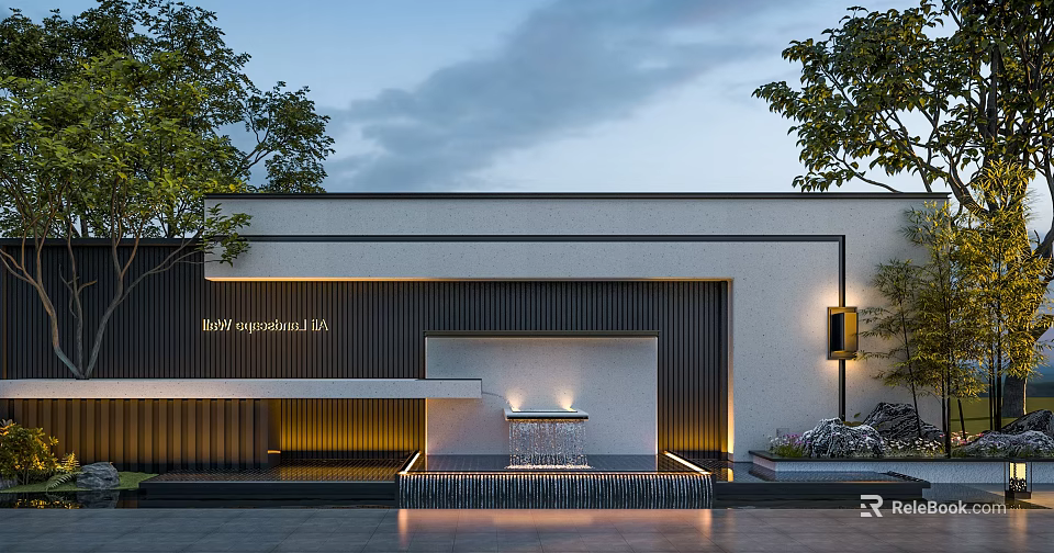 Modern Luxury Building Exterior With Central Water Fountain And Warm Lighting 3d model 