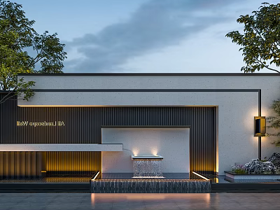 Modern Luxury Building Exterior With Central Water Fountain And Warm Lighting 3d model