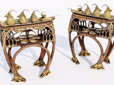 Ornate Vintage Console Side Cabinet With Carved Legs And Golden Decor Items 3d model