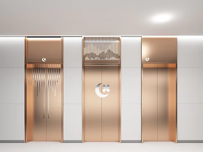 Modern Public Facility Elevators With Golden Doors White Panels And Moon Star Logo 3d model