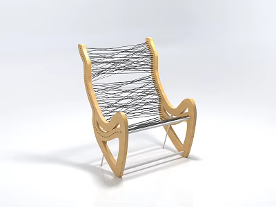 Modern Single Chair With Wooden Frame And Woven Seat Back Design 3d model