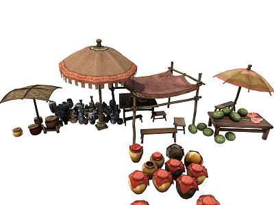 Traditional Market Stalls With Umbrellas Pottery Fruits And Jars 3d model