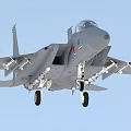 Gray Fighter Jet Flying With Weapons And Landing Gear Down In Blue Sky
