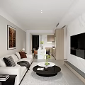 Modern Dining and Living Area With Open Design Wooden Cabinets Marble Island Countertop Dining Table
