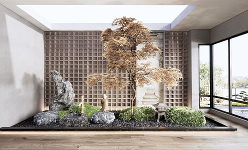 New Chinese style landscape sketch Zen dry landscape courtyard sketch water bowl stone rockery moss plant landscape maple landscape tree 3d model