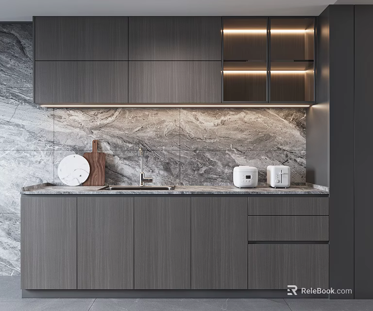 Modern Kitchen Featuring Grey Cabinets Marble Backsplash And Countertop Items 3d model 