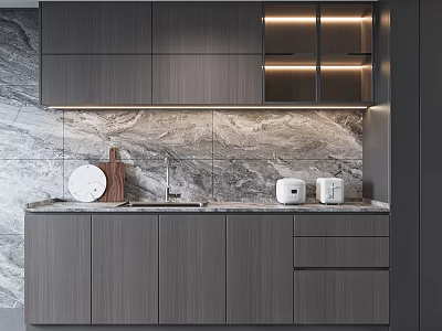 Modern Kitchen Featuring Grey Cabinets Marble Backsplash And Countertop Items 3d model