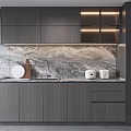 Modern Kitchen Featuring Grey Cabinets Marble Backsplash And Countertop Items 3d model