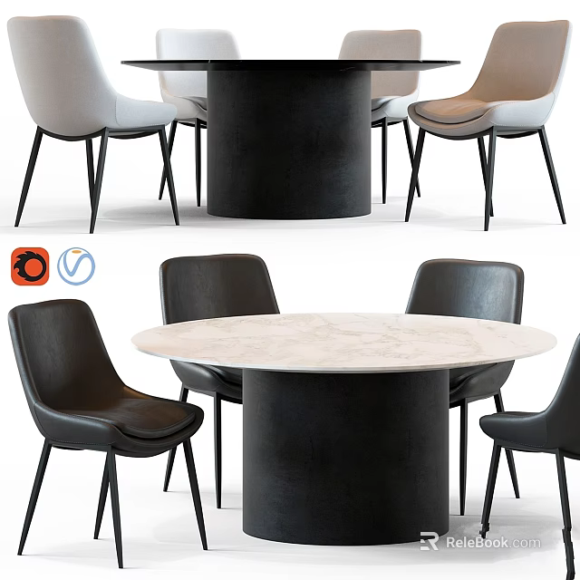 Modern Round Dining Table with Marble Tabletop and Black Cylindrical Base and Chairs 3d model