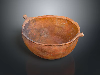 Handmade Brown Clay Bowl With Two Handles Displayed On Black Reflective Surface 3d model