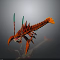 Fantasy Red Crustacean Creature Character With Green Antennae Spiked Body And Orange Tail