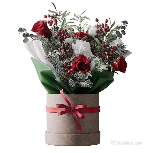 Decorative Ornament Arrangement with Red Roses Green Leaves Berries Pinecones in Cylindrical Box Red Ribbon 3d model 