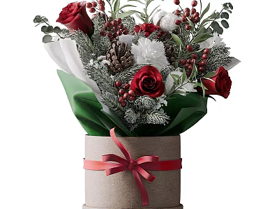 Decorative Ornament Arrangement with Red Roses Green Leaves Berries Pinecones in Cylindrical Box Red Ribbon 3d model