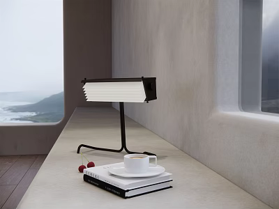 Modern Desk Lamp on Window Side Table with Books Coffee Cup Cherries and Sea View 3d model