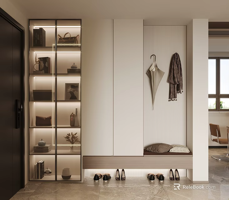Modern Shoe Cabinet Design With Open Shelves Lighting Clothing Hooks And Bench 3d model 