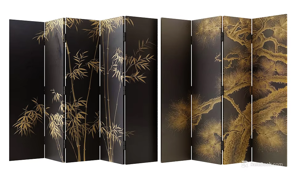 Black Folding Screen With Golden Bamboo And Pine Pattern Traditional Chinese Design 3d model 