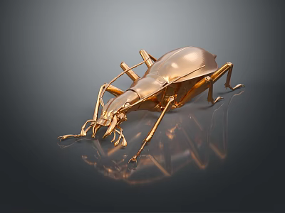 Detailed Golden Beetle Sculpture With Shiny Metallic Finish On Dark Background 3d model