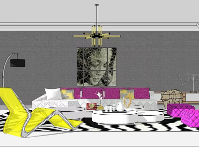 Modern Sofa And Coffee Table Set With Yellow Accent Chair Wall Art And Chandelier 3d model