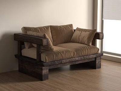 Two Seater Sofa With Wooden Frame Brown Cushions And Throw Pillows In Living Room 3d model