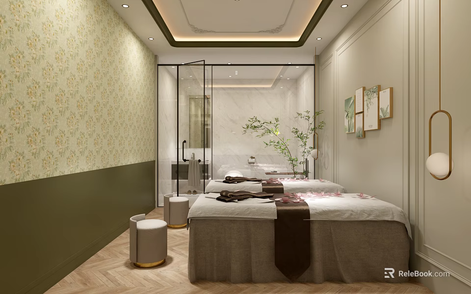 Relaxing SPA Sauna Interior With Massage Beds Decorative Paintings Green Beige Walls And Wooden Flooring 3d model 