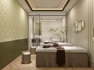 Relaxing SPA Sauna Interior With Massage Beds Decorative Paintings Green Beige Walls And Wooden Flooring 3d model