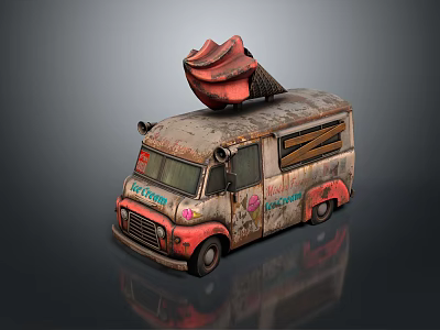 Vintage Ice Cream Truck With Rusty Exterior And Red Cone On Top 3d model
