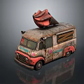 Vintage Ice Cream Truck With Rusty Exterior And Red Cone On Top