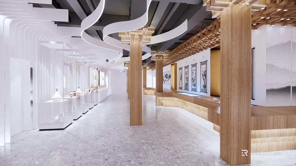 Modern Exhibition Hall Interior Design With Wooden Structures Display Counters And Artwork Showcases 3d model 